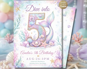 Mermaid 5th Birthday Invitation Template, Dive Into 5 Under the Sea Girl Party Invite, Pastel Mermaid Fifth Birthday Canva, Pink Purple Teal
