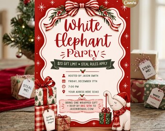 White Elephant Party Invitation, Whimsical Gift Exchange Invite, Christmas Steal Party Editable Cute Canva Digital Template Instant Download