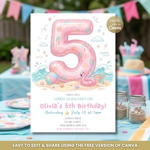 May include: A pink and white summer-themed birthday party invitation. The design features a large pink number 5 balloon, a beach scene with a flamingo float, and the text "Olivia's 5th Birthday!"