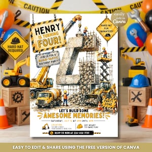 Pode incluir: Um convite para uma festa de aniversário com tema de construção com o texto "Henry faz QUATRO!" e "Vamos construir memórias incríveis!" O design apresenta veículos de construção, um grande número 4 e ilustrações de trabalhadores.