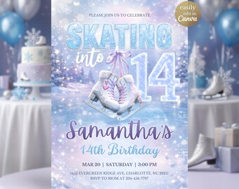 Ice Skating Into 14 Birthday Invitation Template, Girl Winter Party Invite, Editable Canva Digital Ice Skate 14th Birthday Purple Winter