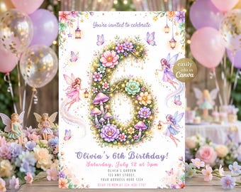 Invitación de cumpleaños de hadas para el sexto cumpleaños, invitación de cumpleaños con temática de jardín de hadas, plantilla editable de Canva para la primera fiesta de cumpleaños con temática de mariposas encantadas.