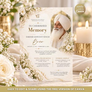 Pode incluir: Um cartão de anúncio funerário com o retrato de um homem de turbante, decorado com flores brancas e detalhes dourados. O texto inclui In Cherished Memory, Sardar Jaswant Singh Brar, datas e detalhes do serviço sikh.