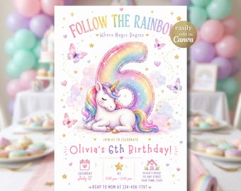 Invitación de cumpleaños de unicornio, invitación para fiesta de sexto cumpleaños, fiesta de unicornio de sexto cumpleaños, cumplir seis años, plantilla digital de unicornio arcoíris para Canva