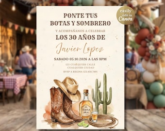 Invitación Vaquero Mexicano Cumpleaños Hombre, Sombrero y Botas Charro Invitación, Invitación de Cumpleaños Fiesta Ranchera, Plantilla Canva editable