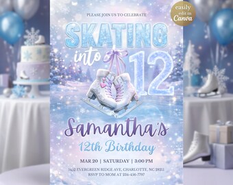 Plantilla de invitación para fiesta de cumpleaños número 12 con temática de patinaje sobre hielo, invitación para fiesta de invierno para niña, diseño editable en Canva. Patinaje sobre hielo digital para cumpleaños número 12. Púrpura.