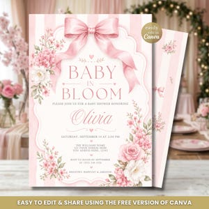 Baby in Bloom Baby Shower Invitation, Pink Stripe Vintage Floral Girl Invite, Editable Canva Coquette Scalloped Frame Cottage Rose Template