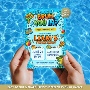 Boys Pool Party Birthday Invitation, Bruh You In Invite, Summer Swimming Party Invite, Editable Kids Splash Canva Birthday Template