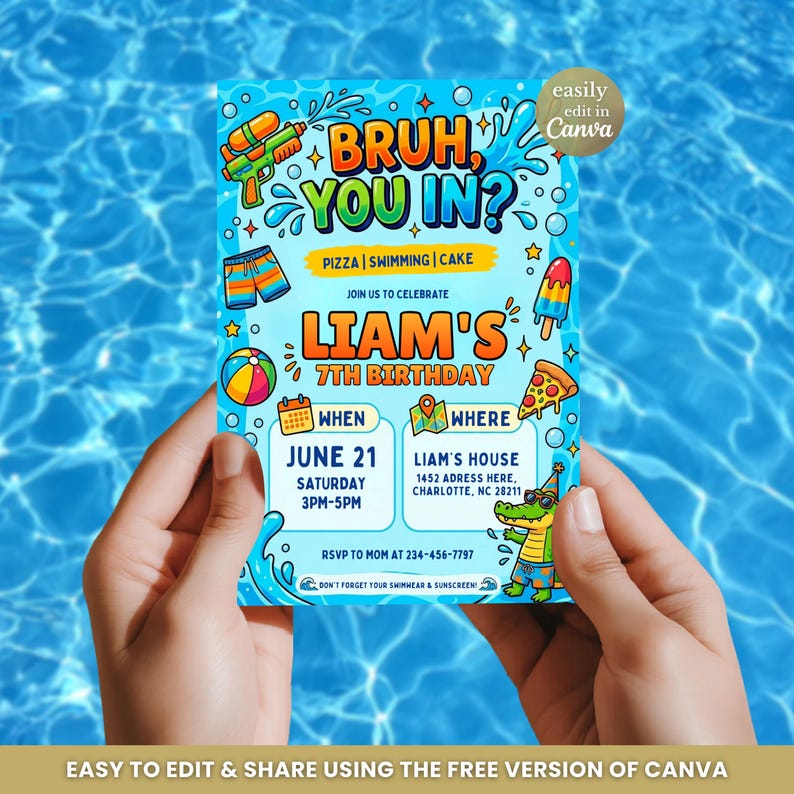 Boys Pool Party Birthday Invitation, Bruh You In Invite, Summer Swimming Party Invite, Editable Kids Splash Canva Birthday Template