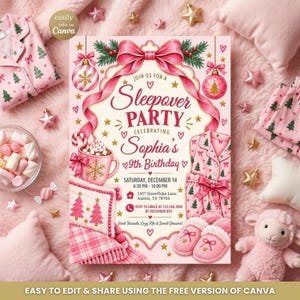 Pode incluir: Um convite para festa do pijama em tons de rosa com um laço grande, uma caneca de chocolate quente, pijama e chinelos. O texto diz: Join us for a Sleepover Party celebrating Sophia's 9th Birthday, sábado, 14 de dezembro, 18:30 - 22:00.
