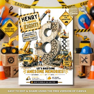 Pode incluir: Um convite para uma festa de aniversário com tema de construção. Apresenta um grande número oito preenchido com pedras, veículos de construção e o texto "Henry está fazendo oito!" e "Vamos construir ótimas memórias!"