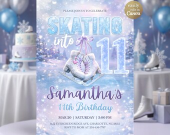 Plantilla de invitación de cumpleaños "Patinaje sobre hielo para los 11 años", invitación para fiesta de invierno de niña, diseño editable en Canva: patinaje sobre hielo digital, cumpleaños número 11, color morado, invierno.