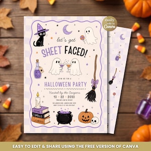 Może przedstawiać: Zaproszenie na imprezę Halloween z jasnofioletową obwódką w kratkę oraz ilustracjami czarnego kota w kapeluszu czarownicy, duchów, miotły, kociołka, książek i dyni. Tekst na zaproszeniu brzmi: let's get SHEET FACED! JOIN US FOR A HALLOWEEN PARTY.