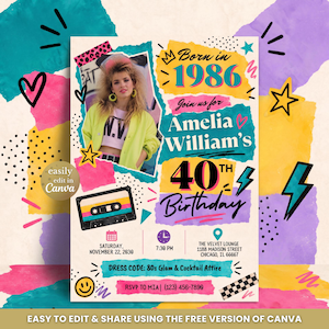 May include: A 1980s-themed birthday invitation template featuring a photo of a person in a neon jacket, a cassette tape graphic, and text including Born in 1986, Amelia William's 40th Birthday, Saturday, November 22, 2039, 7:30 PM, and The Velvet Lounge.