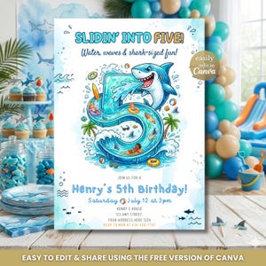 Shark Pool Party 5th Birthday Invitation, Slidin Into Five Birthday Invite, Editable Canva Water Slide Shark Summer Pool Party Template