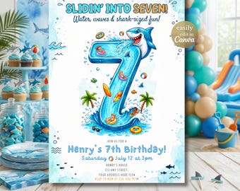 Invitación de cumpleaños número 7 con temática de fiesta en la piscina con tiburones, invitación de cumpleaños "Deslizándose hacia los siete", plantilla editable de Canva para fiesta de verano en la piscina con toboganes acuáticos y tiburones.