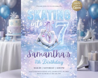 Plantilla de invitación de cumpleaños con temática de patinaje sobre hielo "Patinando hacia los 7 años" para fiesta de invierno de niña. Invitación editable en Canva. Patinaje digital sobre hielo. 7.º cumpleaños. Morado. Invierno.
