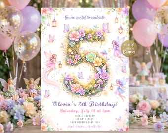 Invitación de cumpleaños de hadas para el quinto cumpleaños, invitación de cumpleaños con temática de jardín de hadas, plantilla editable de Canva para la primera fiesta de cumpleaños con temática de mariposa encantada.