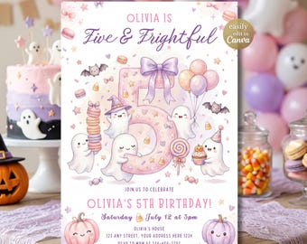 Invitación para fiesta de Halloween, invitación de cumpleaños "Cinco y terrorífica", invitación para niña de 5 años, plantilla digital editable de Canva