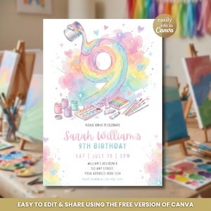 Può includere: Un invito di compleanno in stile acquerello con un numero nove arcobaleno. L'invito include il testo "9° Compleanno di Sarah Williams" e i dettagli dell'evento. Il design presenta pennelli, tubetti di vernice e una tavolozza.
