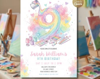 Invitación para fiesta de arte para niñas, invitación DIY para el 9.º cumpleaños de pintura, plantilla editable de Canva con temática de pintura creativa y colorida (descarga instantánea)