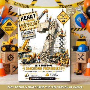 Pode incluir: Um convite de aniversário com tema de construção com o texto "Henry está fazendo sete anos!" e "Vamos construir ótimas memórias!" O design apresenta veículos de construção, um grande número sete e sinais de perigo.