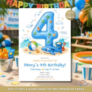 May include: A summer-themed birthday party invitation with a blue number 4 balloon, a shark, and beach elements. The invitation includes the text "Henry's 4th Birthday!" and details for the party. The design is easily editable using Canva.