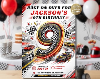 Invitación de cumpleaños número 9 con temática de autos de carreras, invitación de cumpleaños "Race On Over", invitación para fiesta en pista de carreras, plantilla editable de Canva con autos rápidos