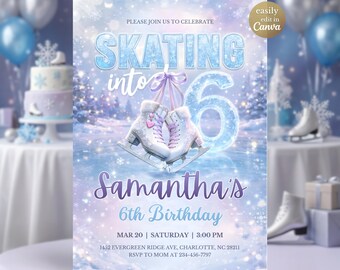 Plantilla de invitación de cumpleaños de patinaje sobre hielo Patinando hacia los 6 años Invitación de fiesta de invierno para niña Editable Canva Patinaje digital sobre hielo 6º cumpleaños Morado Invierno