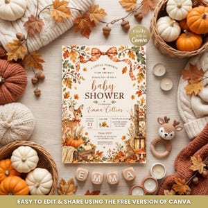 Fall Baby Shower Invitation Template, Editable Little Pumpkin Invite, Woodland Deer Rustic Template, Gender Neutral Canva Digital Download