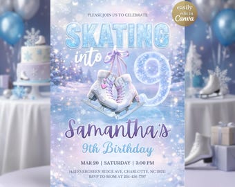 Plantilla de invitación de cumpleaños con temática de patinaje sobre hielo. Patinando hacia los 9 años. Invitación para fiesta de invierno para niña. Editable en Canva. Patinaje digital sobre hielo. 9º cumpleaños. Morado. Invierno.