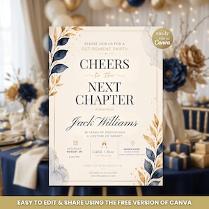 Retirement Party Invitation Template, Cheers to the Next Chapter, Editable Canva Navy Gold Botanical Invite, Printable Digital Download