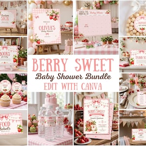 Pode incluir: Um conjunto de artigos para chá de bebê Berry Sweet com padrões de xadrez rosa, ilustrações de morangos e laços. Inclui placas para livros, etiquetas de comida, notas de agradecimento, rótulos de garrafas de água e convites editáveis.