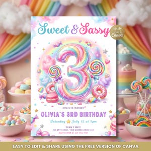 Op de afbeelding: Een verjaardagsuitnodigingskaart met een groot regenboogkleurig cijfer 3, omringd door lolly's, donuts en snoepjes. De tekst luidt Sweet & Sassy, Olivia's 3rd Birthday, Saturday July 12 at 3pm, inclusief tijdelijke aanduidingen voor adres en RSVP.
