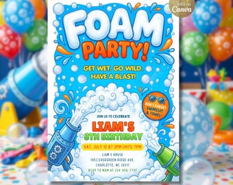 Invitación de cumpleaños para fiesta de espuma, invitación de cumpleaños para fiesta de burbujas, invitación para fiesta de espuma de verano, plantilla editable de Canva para cumpleaños de niños