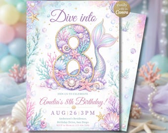 Plantilla de invitación de cumpleaños número 8 de sirena, Invitación de fiesta para niña "Sumérgete en el mundo de las sirenas" bajo el mar, Canva, rosa, morado y verde azulado