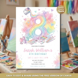 Pode incluir: Um convite de aniversário em estilo aquarela com o número oito em cores do arco-íris. O convite inclui materiais de pintura, corações e o texto "Sarah William's 8th Birthday". Fácil de editar no Canva.