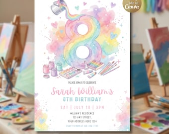 Invitación para fiesta de arte para niñas, invitación DIY para pintar el octavo cumpleaños de tus hijos, plantilla editable de Canva con temática de pintura creativa y colorida (descarga instantánea)