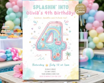 Invitación de cumpleaños "Chapuzón en la piscina", invitación para fiesta de piscina de cuarto cumpleaños, fiesta de piscina de verano para niña de cuarto cumpleaños, plantilla editable de Canva