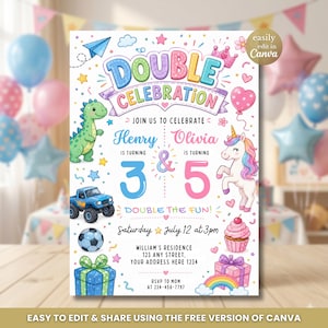 Pode incluir: Um convite colorido para uma festa de aniversário dupla. O design apresenta um dinossauro, um unicórnio, um caminhão azul e um cupcake. O texto anuncia uma "Celebração Dupla" para Henry e Olivia, que completam 3 e 5 anos.
