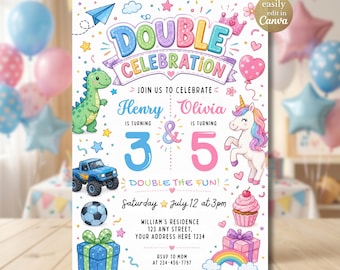Invitación de cumpleaños doble, invitación para fiesta de cumpleaños conjunta de hermanos, plantilla editable de invitación de cumpleaños para niño y niña en Canva