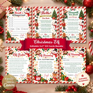 May include: A set of six printable Christmas elf cards featuring festive illustrations of elves, snowmen, reindeer, and nutcrackers. The cards include an Elf Report Card, Hello and Farewell letters, Elf Rules, Elf Recovery, and an Elf Warning.