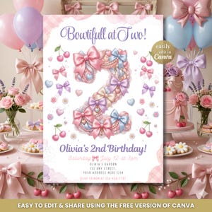 May include: A birthday invitation with the text "Bowtifull at Two!" features a large number "2" made of bows in pink, blue, and purple. The invitation includes the text "Olivia's 2nd Birthday!" and event details.