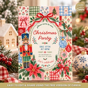 Christmas Party Invitation, Nutcracker Holiday Party Invitation, Whimsical Christmas Patchwork Editable Canva Template, Digital Download