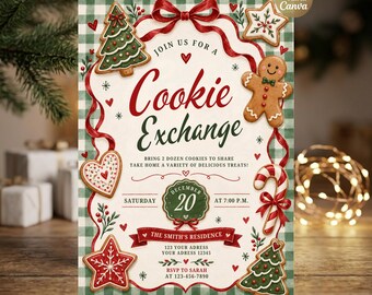 Cookie Exchange Invitation, Christmas Cookie Swap Invite, Holiday Baking Party, Editable Gingerbread Canva Digital Template Instant Download