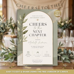 May include: A retirement party invitation card featuring an arched cream-colored center panel with sage green watercolor accents and botanical leaf illustrations. The text reads Cheers to the Next Chapter, honoring Michelle Anderson, with event details.