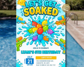 Invitación de cumpleaños con globos de agua, invitación a fiesta de empaparse, fiesta de cumpleaños con guerra de agua, plantilla de Canva para niños de verano