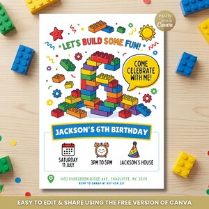 May include: A birthday party invitation with a number six constructed from toy bricks. The invitation includes the text "Let's Build Some Fun!" and details for Jackson's 6th birthday, including the date, time, and location.