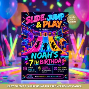 Puede incluir: Un folleto de invitación para una fiesta de cumpleaños con temática de neón que muestra un parque infantil interior con toboganes y siluetas de niños jugando. El texto dice Slide, Jump & Play para celebrar el 7º cumpleaños de Noah el 18 de abril.