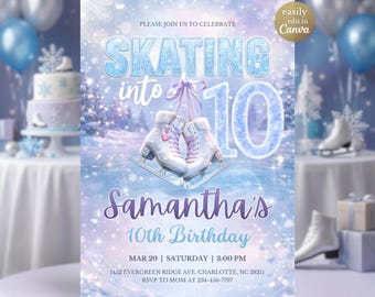 Plantilla de invitación de cumpleaños número 10 para niña con temática de patinaje sobre hielo. Invitación editable para fiesta de invierno en Canva. Patinaje digital sobre hielo. 10º cumpleaños. Invierno morado.
